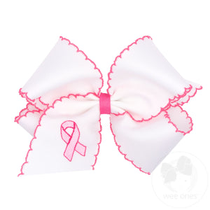 Think Pink! King Grosgrain Hair Bow with Pink Moonstitch Edges and Embroidered Breast Cancer Ribbon