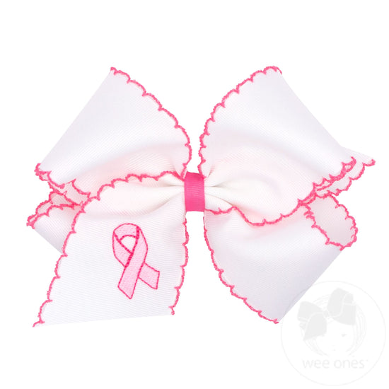 Think Pink! King Grosgrain Hair Bow with Pink Moonstitch Edges and Embroidered Breast Cancer Ribbon