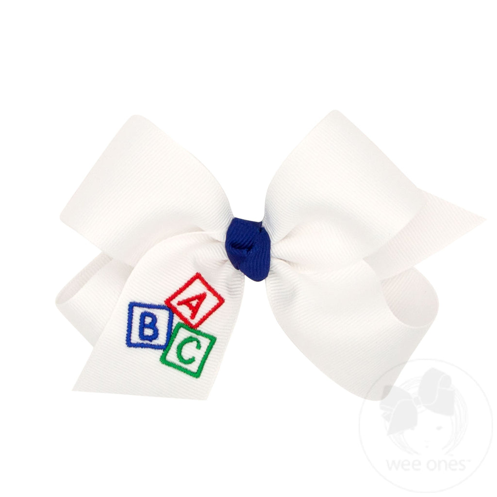 Medium Grosgrain Hair Bow with Knot Wrap and School-themed Embroidery