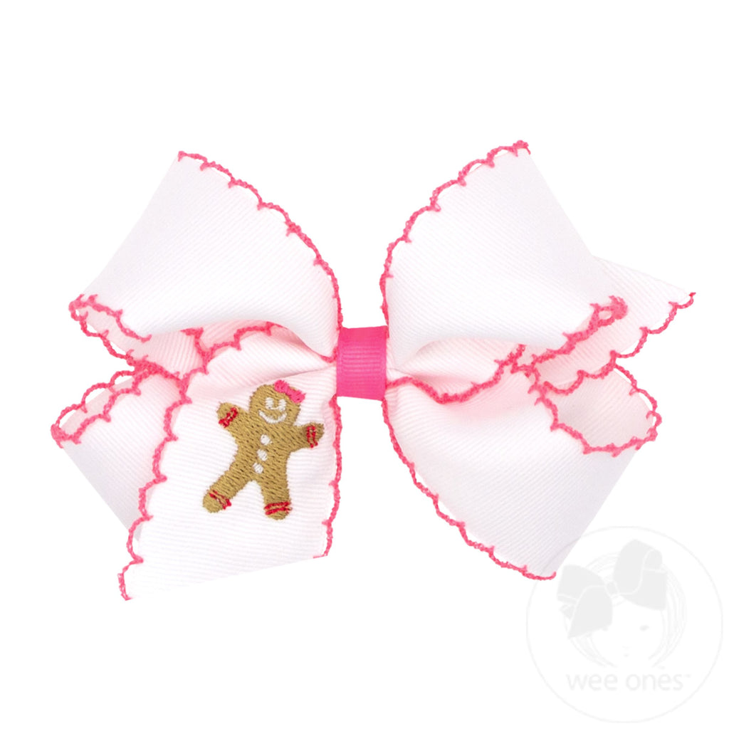 Medium Grosgrain Hair bow with Moonstitch Edge and Holiday-themed Embroidery