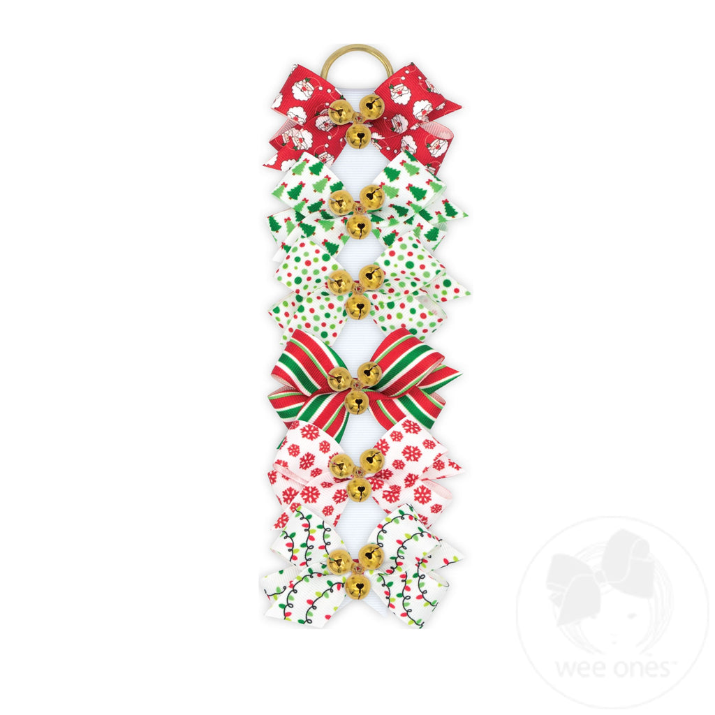 Mini Holiday-themed Printed Grosgrain Hair Bow with Bells