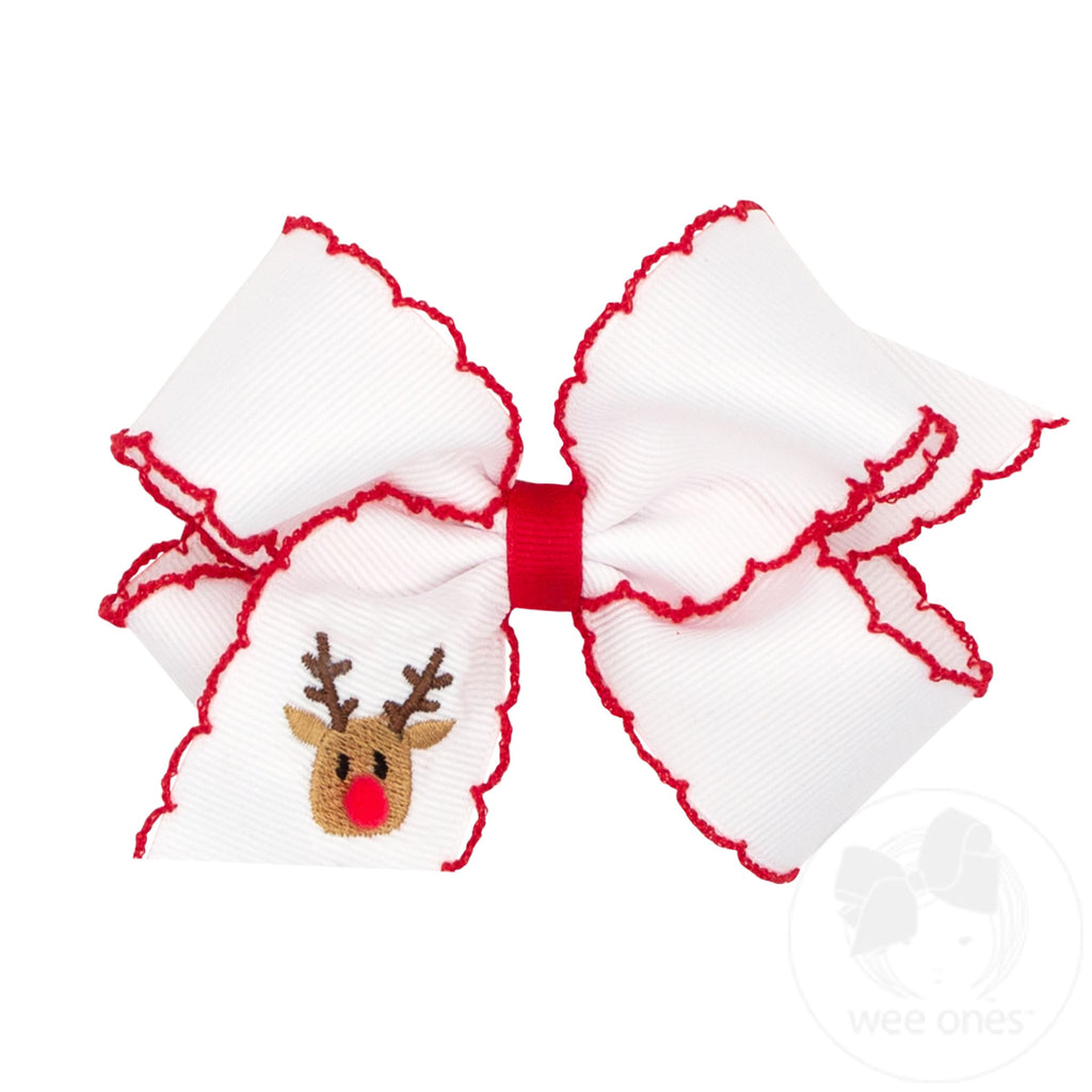 Medium Grosgrain Hair bow with Moonstitch Edge and Holiday-themed Embroidery