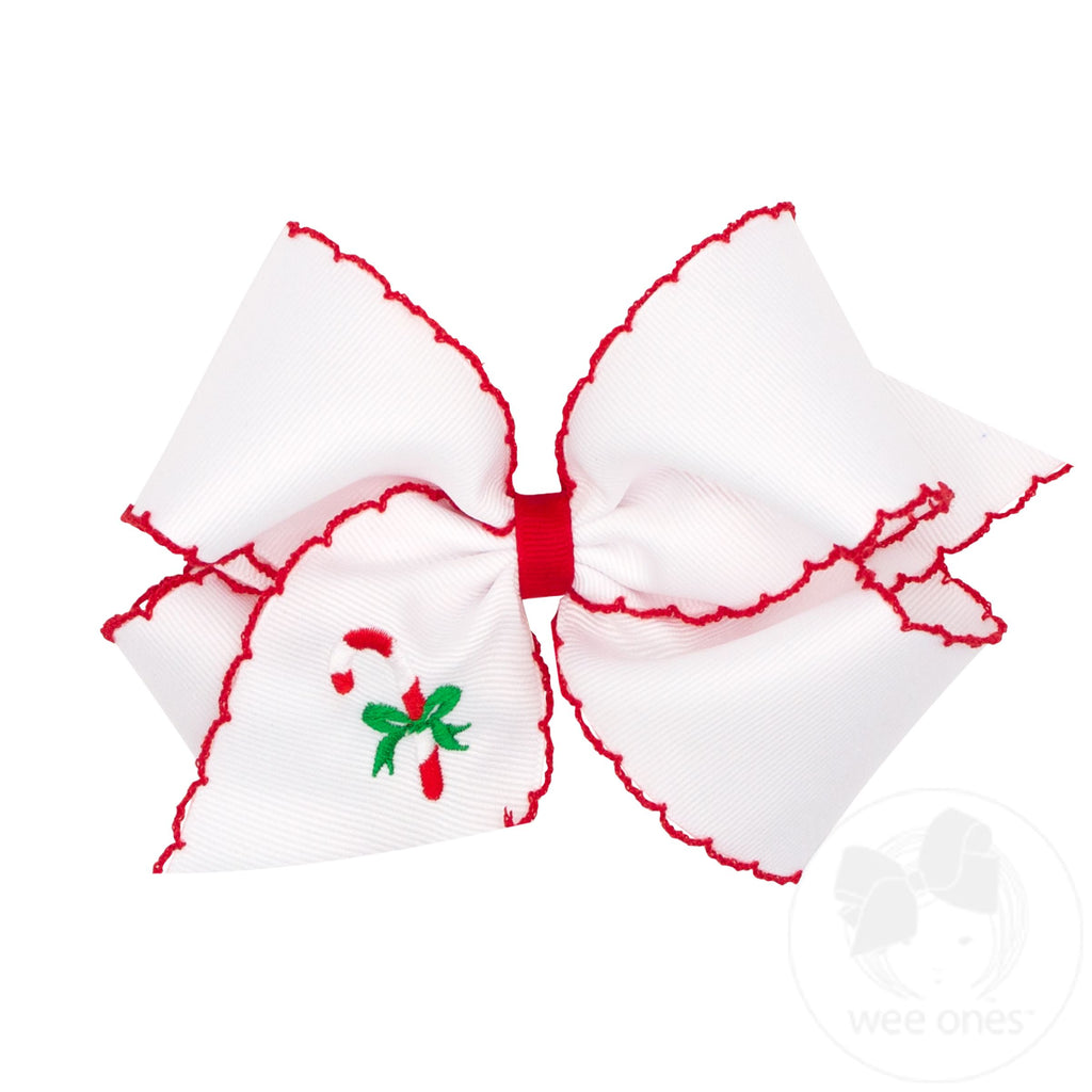 King Grosgrain Hair bow with Moonstitch Edge and Holiday-themed Embroidery