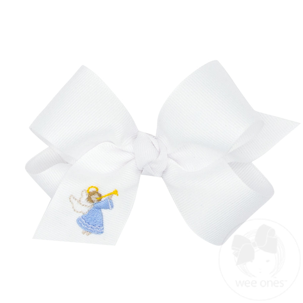 Medium Grosgrain Hair Bow with Angel Embroidery and Matching knot Wrap