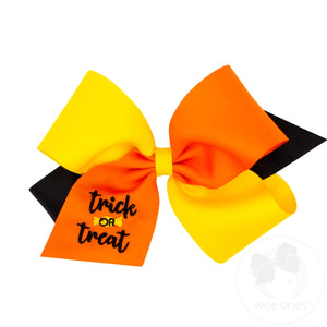 King Tri-colored Grosgrain Hair Bow with Halloween-themed Embroidery