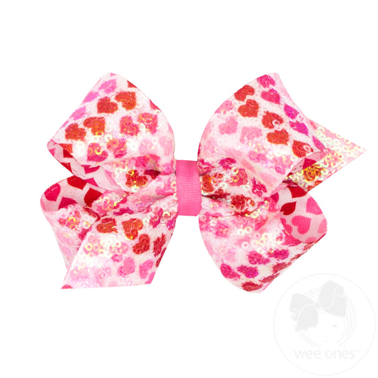 Medium White Sequined Hair Bow with Red and Pink Heart Print