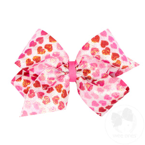 King White Sequined Hair Bow with Red and Pink Heart Print