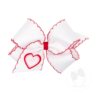 King Heart Embroidered Grosgrain Hair Bow with Moonstitch Edge