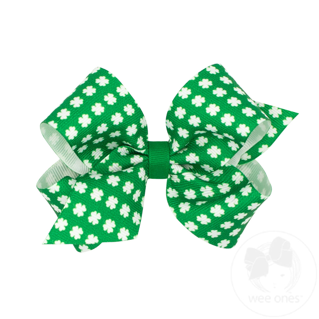 Medium Green and White Shamrock-Print Grosgrain Hair Bow