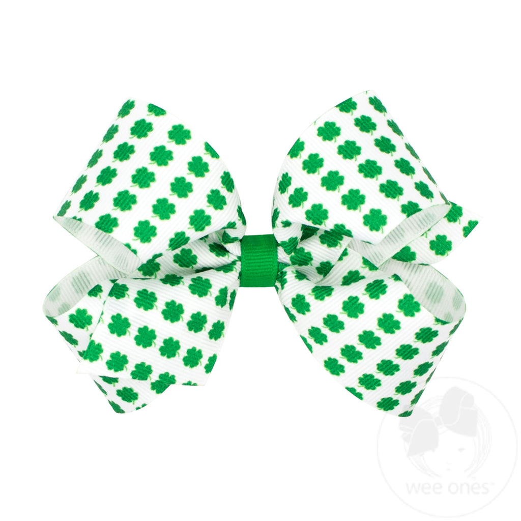 Medium Green and White Shamrock-Print Grosgrain Hair Bow