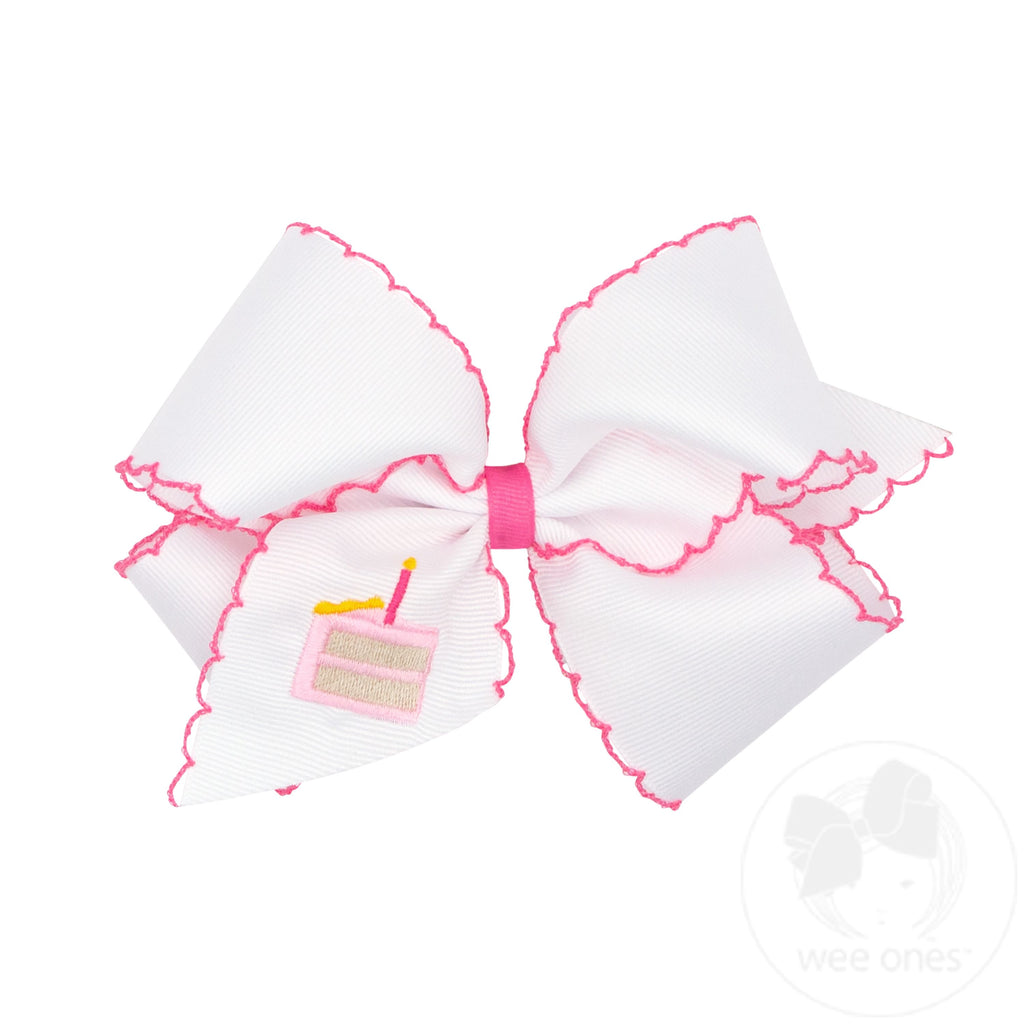 King Grosgrain Hair Bow with Moonstitch Edge and Birthday Girl Embroidery