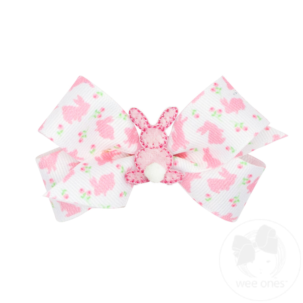 Mini Easter-inspired Grosgrain Hair Bow with Small Pink Backside Bunny with Puff Tail