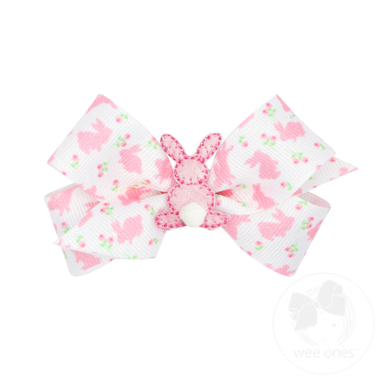 Mini Easter-inspired Grosgrain Hair Bow with Small Pink Backside Bunny with Puff Tail