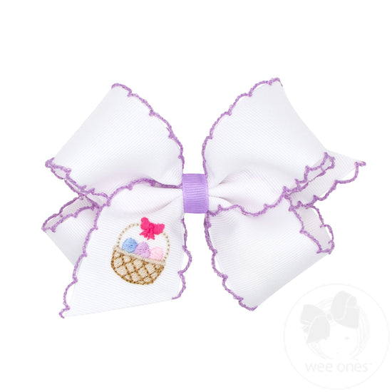 Medium White Grosgrain Bow with Moonstitch Edge and Easter-inspired Embroidery on Tail