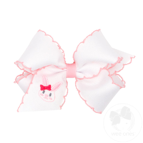 Medium White Grosgrain Bow with Moonstitch Edge and Easter-inspired Embroidery on Tail