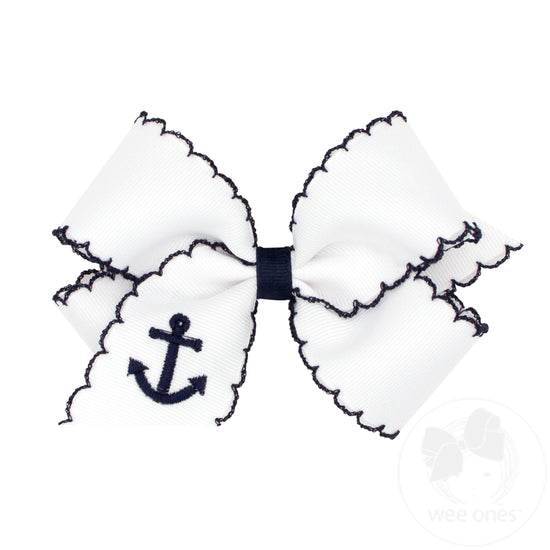 Medium Grosgrain Hair Bow with Moonstitch Edge and Nautical Embroidery