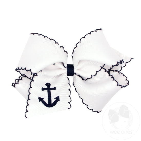 King Grosgrain Hair Bow with Moonstitch Edge and Nautical Embroidery