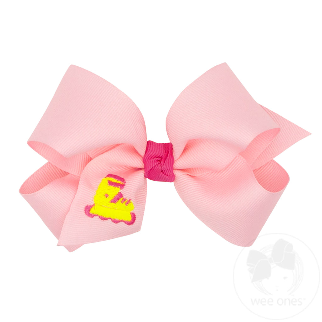 Medium Grosgrain Hair Bow with Trendy Roller Blade Embroidery and Knot Wrap