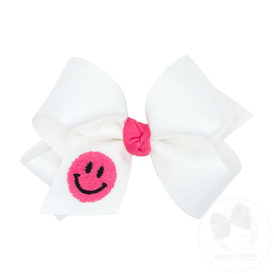 Medium Grosgrain Hair Bow with Trendy Smile Embroidery and Knot Wrap