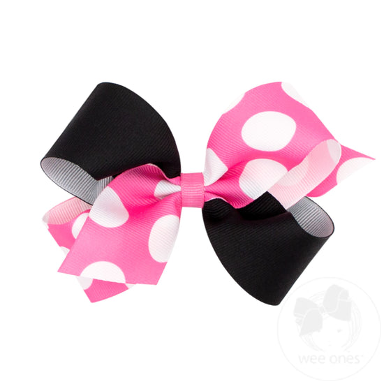 Medium Two-Tone Solid and Huge Dot Printed Grosgrain Hair Bow