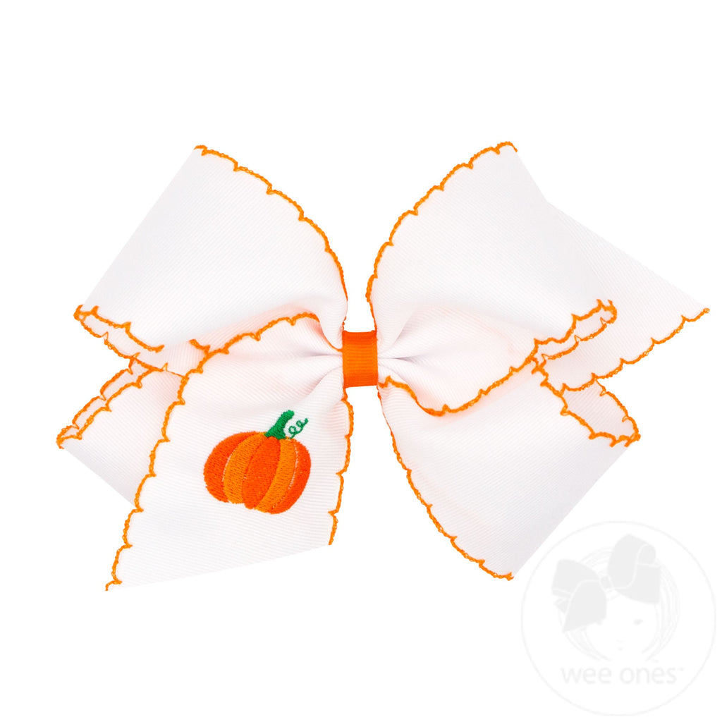 King Grosgrain Hair Bow with Moonstitch Edges and Pumpkin or Apple Embroidery