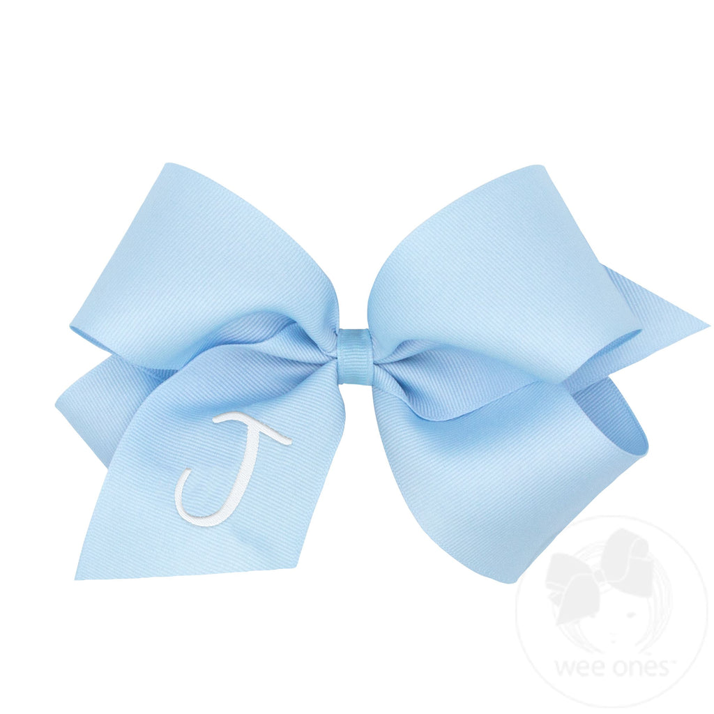 King Monogrammed Grosgrain Girls Hair Bow - Blue with White Initial