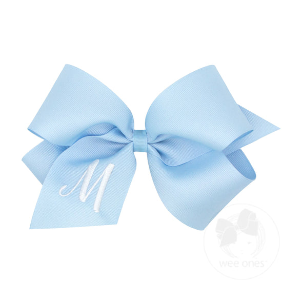 King Monogrammed Grosgrain Girls Hair Bow - Blue with White Initial