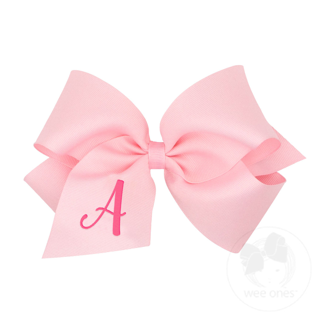 King Monogrammed Grosgrain Girls Hair Bow - Light Pink with Hot Pink Initial