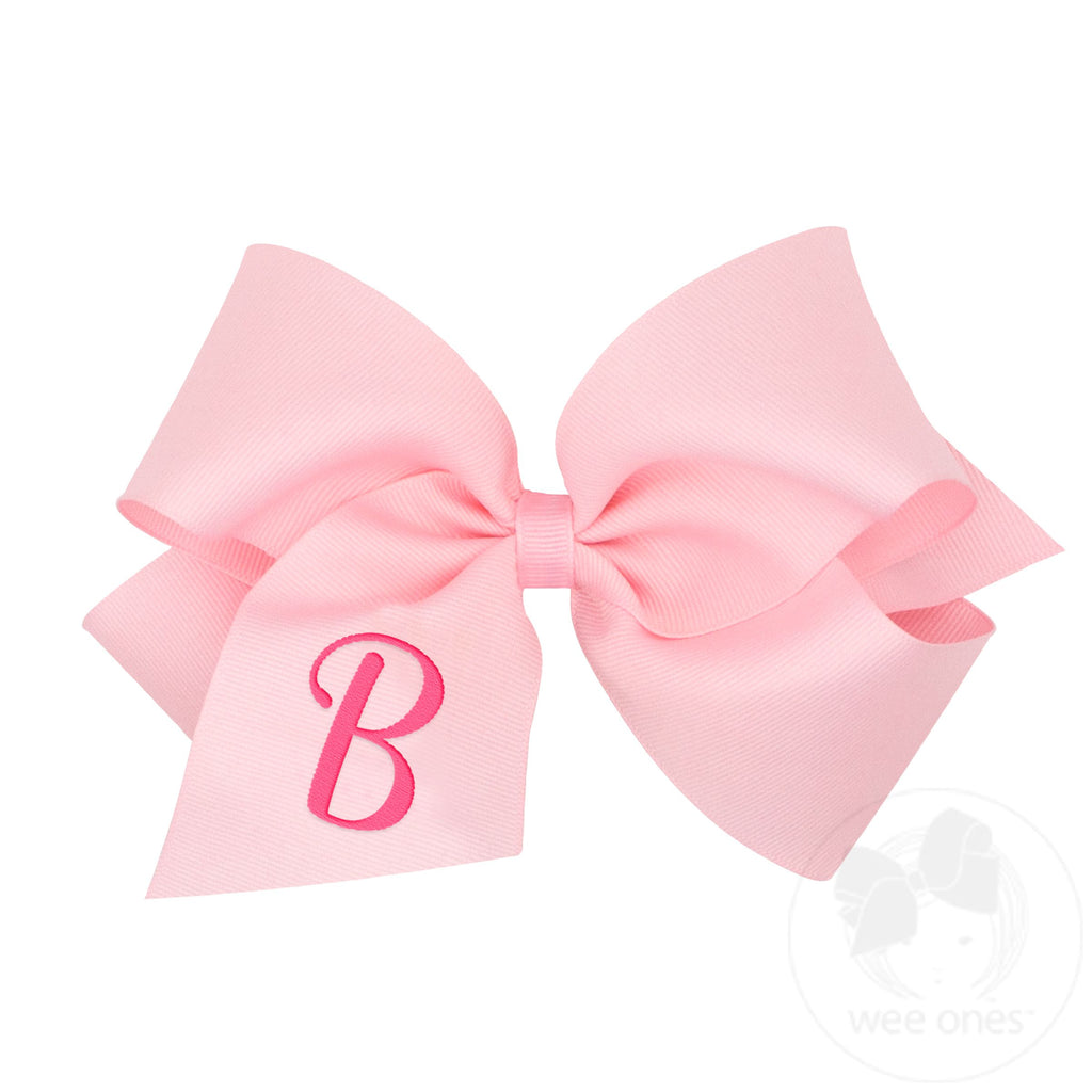 King Monogrammed Grosgrain Girls Hair Bow - Light Pink with Hot Pink Initial