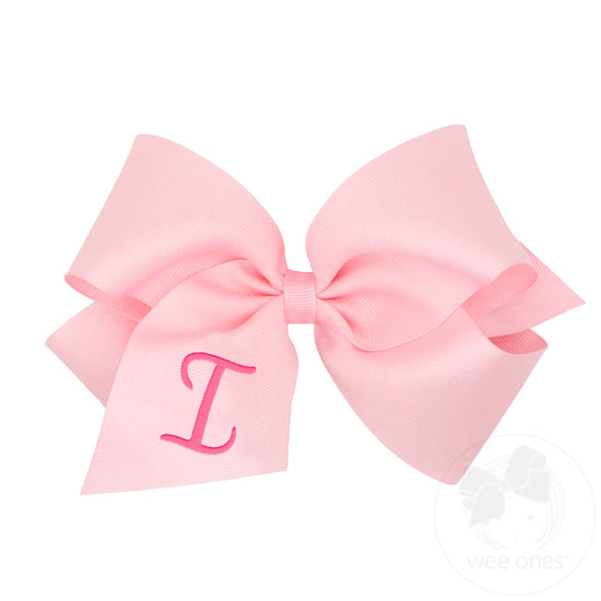 King Monogrammed Grosgrain Girls Hair Bow - Light Pink with Hot Pink Initial