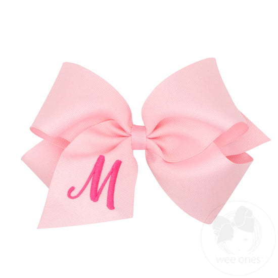 King Monogrammed Grosgrain Girls Hair Bow - Light Pink with Hot Pink Initial