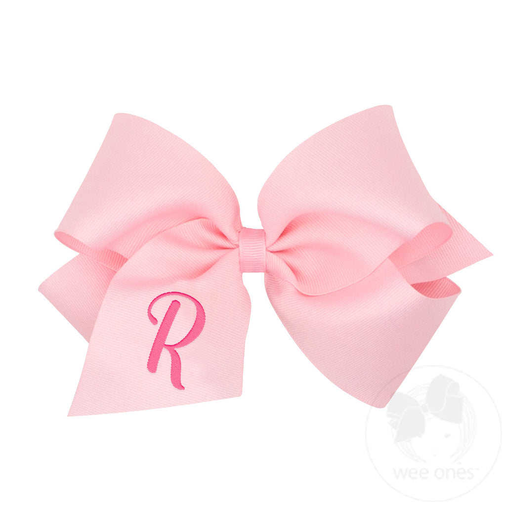 King Monogrammed Grosgrain Girls Hair Bow - Light Pink with Hot Pink Initial