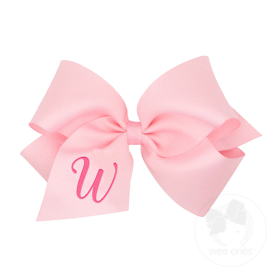 King Monogrammed Grosgrain Girls Hair Bow - Light Pink with Hot Pink Initial