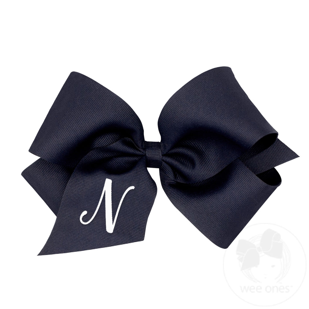 King Monogrammed Grosgrain Girls Hair Bow - Navy with White Initial