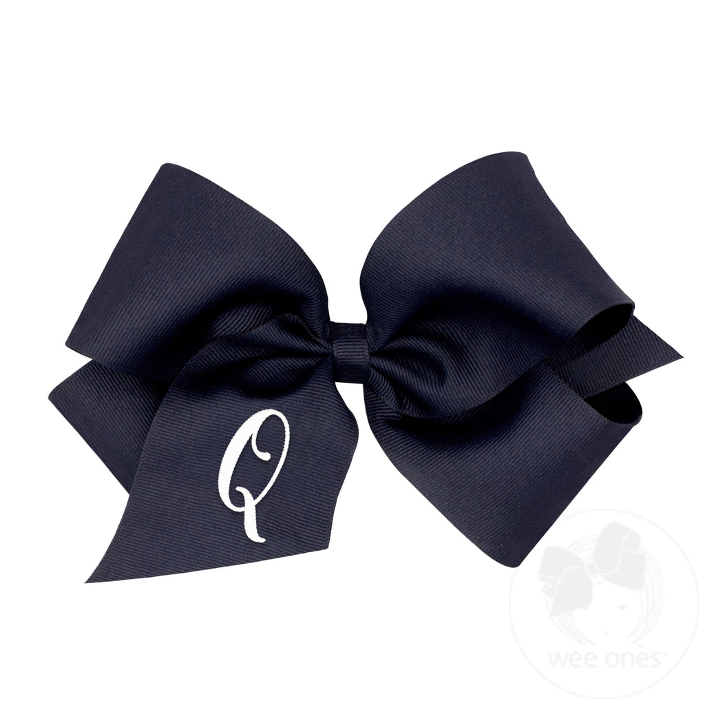 King Monogrammed Grosgrain Girls Hair Bow - Navy with White Initial