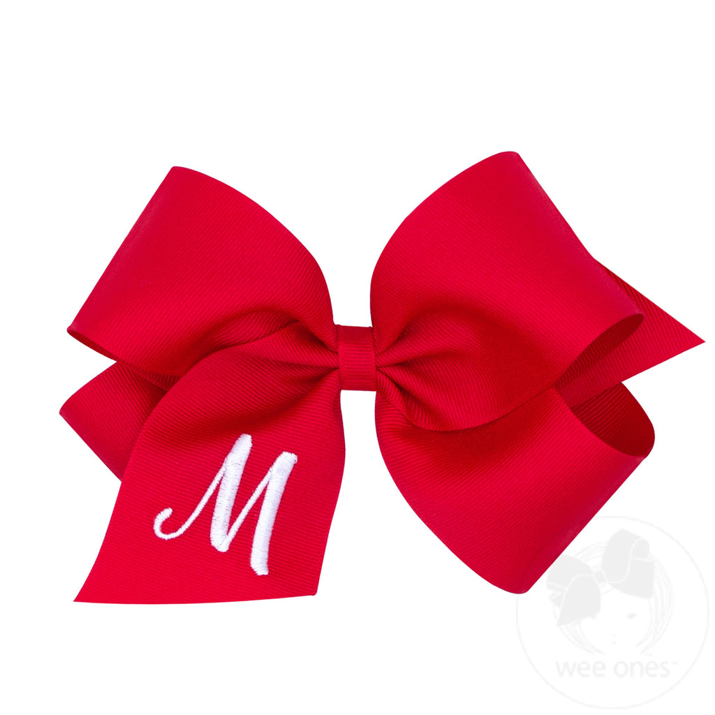 King Monogrammed Grosgrain Girls Hair Bow - Red with White Initial