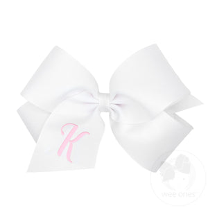 King Monogrammed Grosgrain Girls Hair Bow - White with Light Pink Initial