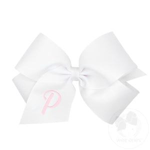 King Monogrammed Grosgrain Girls Hair Bow - White with Light Pink Initial