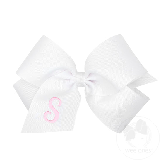 King Monogrammed Grosgrain Girls Hair Bow - White with Light Pink Initial