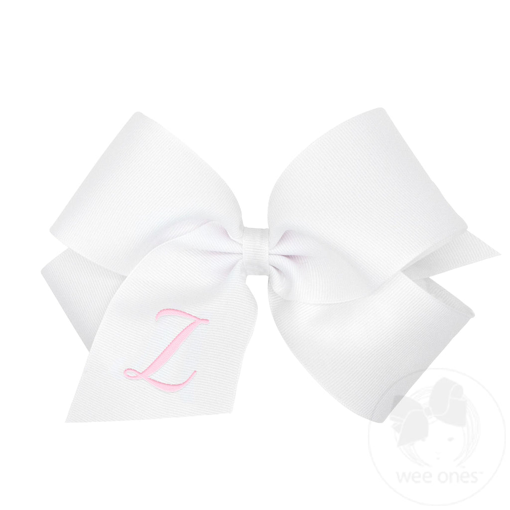 King Monogrammed Grosgrain Girls Hair Bow - White with Light Pink Initial