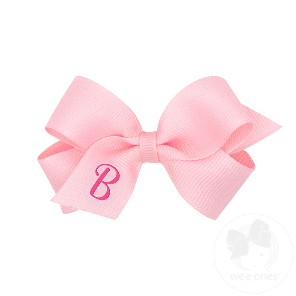 Mini Monogrammed Grosgrain Girls Hair Bow - Light Pink with Hot Pink Initial