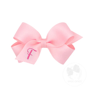 Mini Monogrammed Grosgrain Girls Hair Bow - Light Pink with Hot Pink Initial