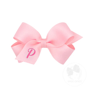 Mini Monogrammed Grosgrain Girls Hair Bow - Light Pink with Hot Pink Initial