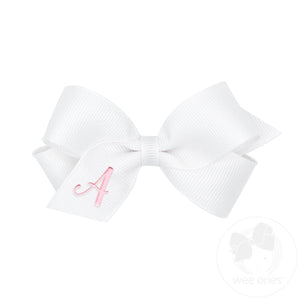 Mini Monogrammed Grosgrain Girls Hair Bow - White with Light Pink Embroidered Initial