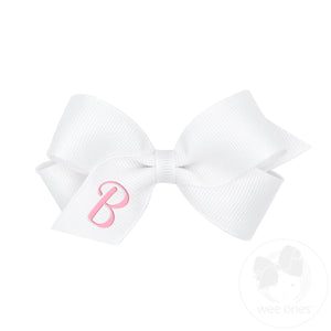 Mini Monogrammed Grosgrain Girls Hair Bow - White with Light Pink Embroidered Initial