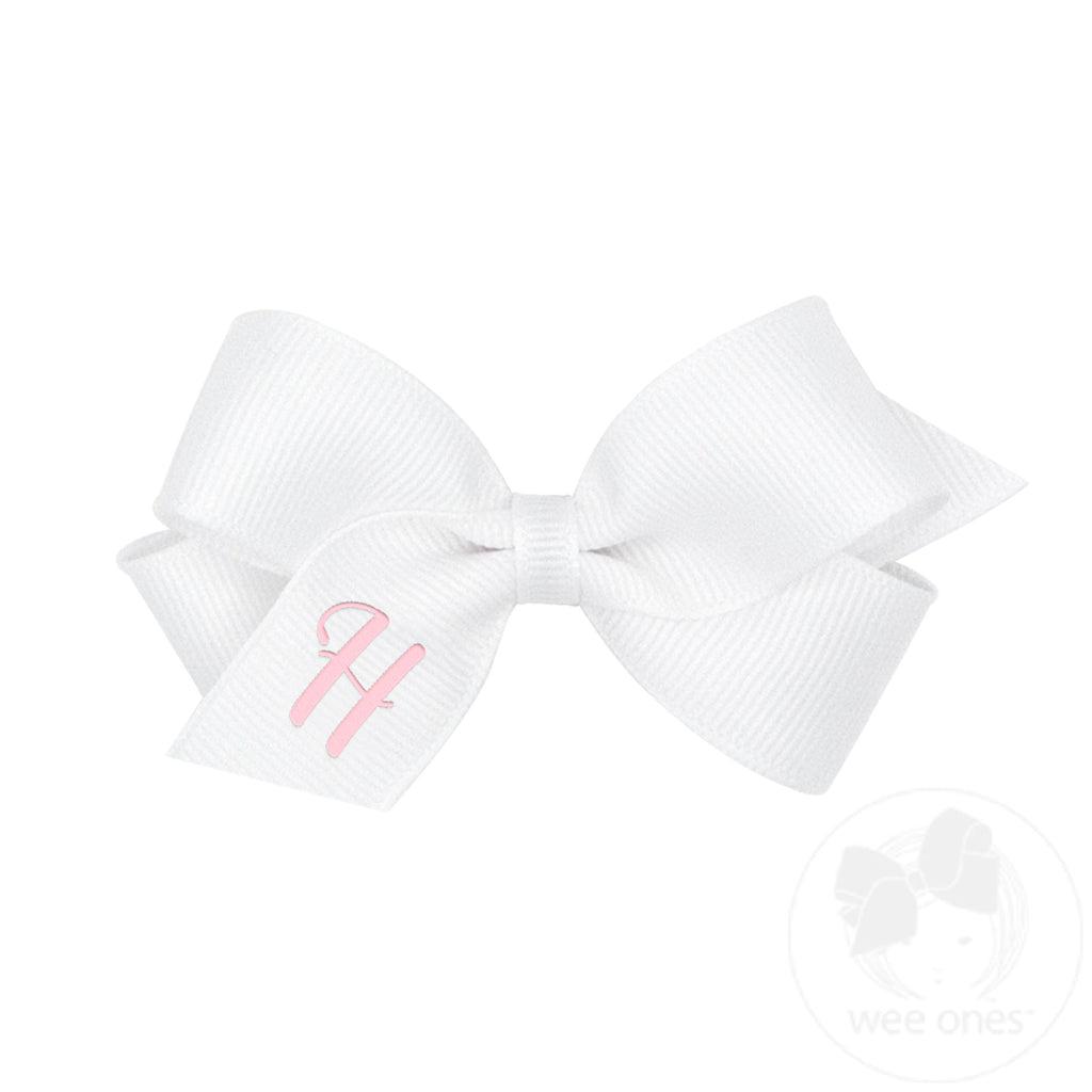 Mini Monogrammed Grosgrain Girls Hair Bow - White with Light Pink Embroidered Initial