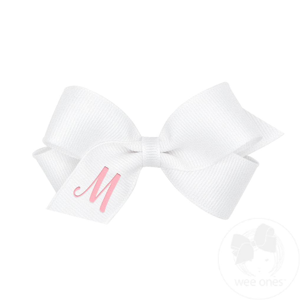 Mini Monogrammed Grosgrain Girls Hair Bow - White with Light Pink Embroidered Initial