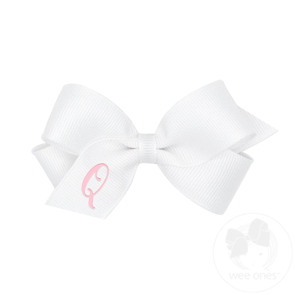 Mini Monogrammed Grosgrain Girls Hair Bow - White with Light Pink Embroidered Initial