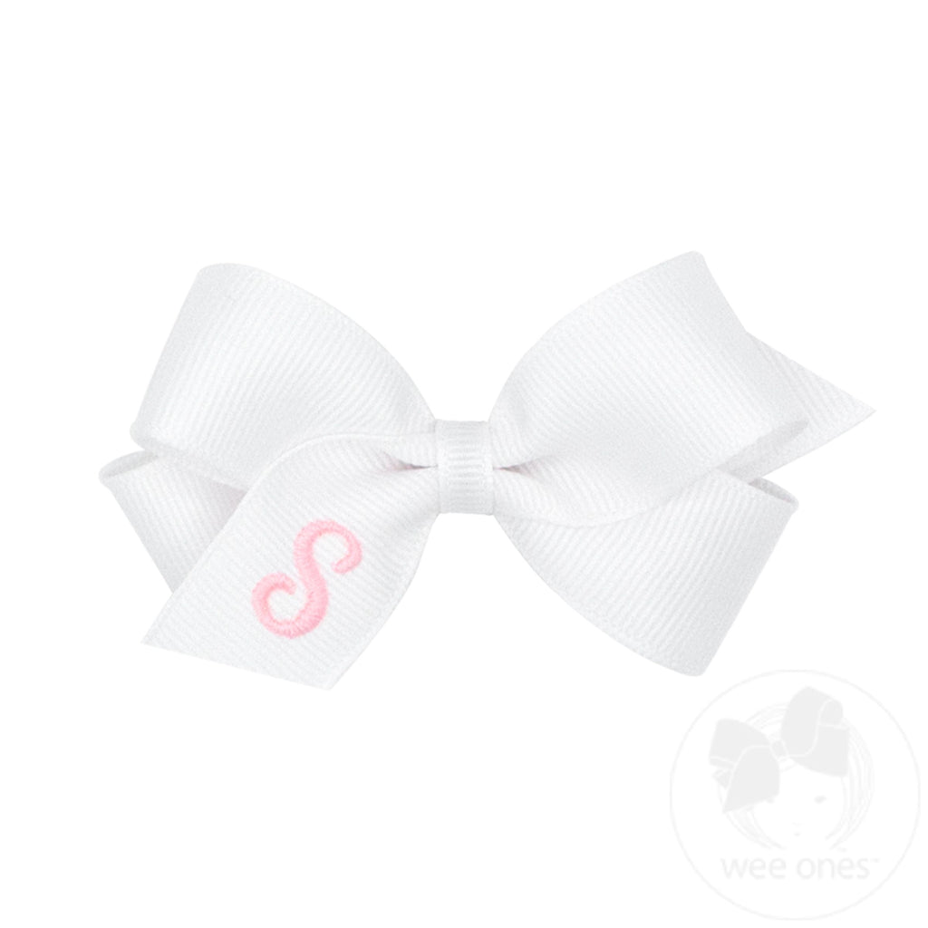 Mini Monogrammed Grosgrain Girls Hair Bow - White with Light Pink Embroidered Initial