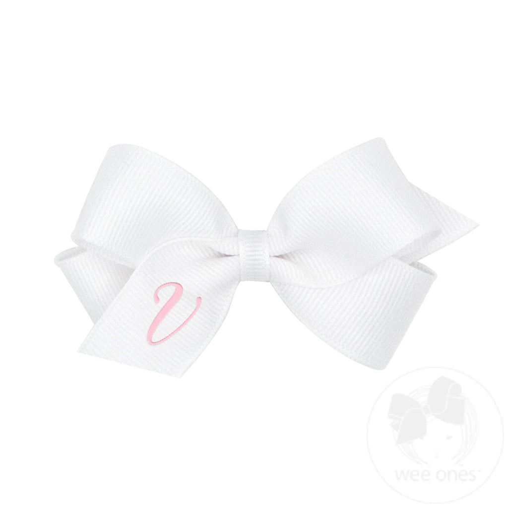 Mini Monogrammed Grosgrain Girls Hair Bow - White with Light Pink Embroidered Initial